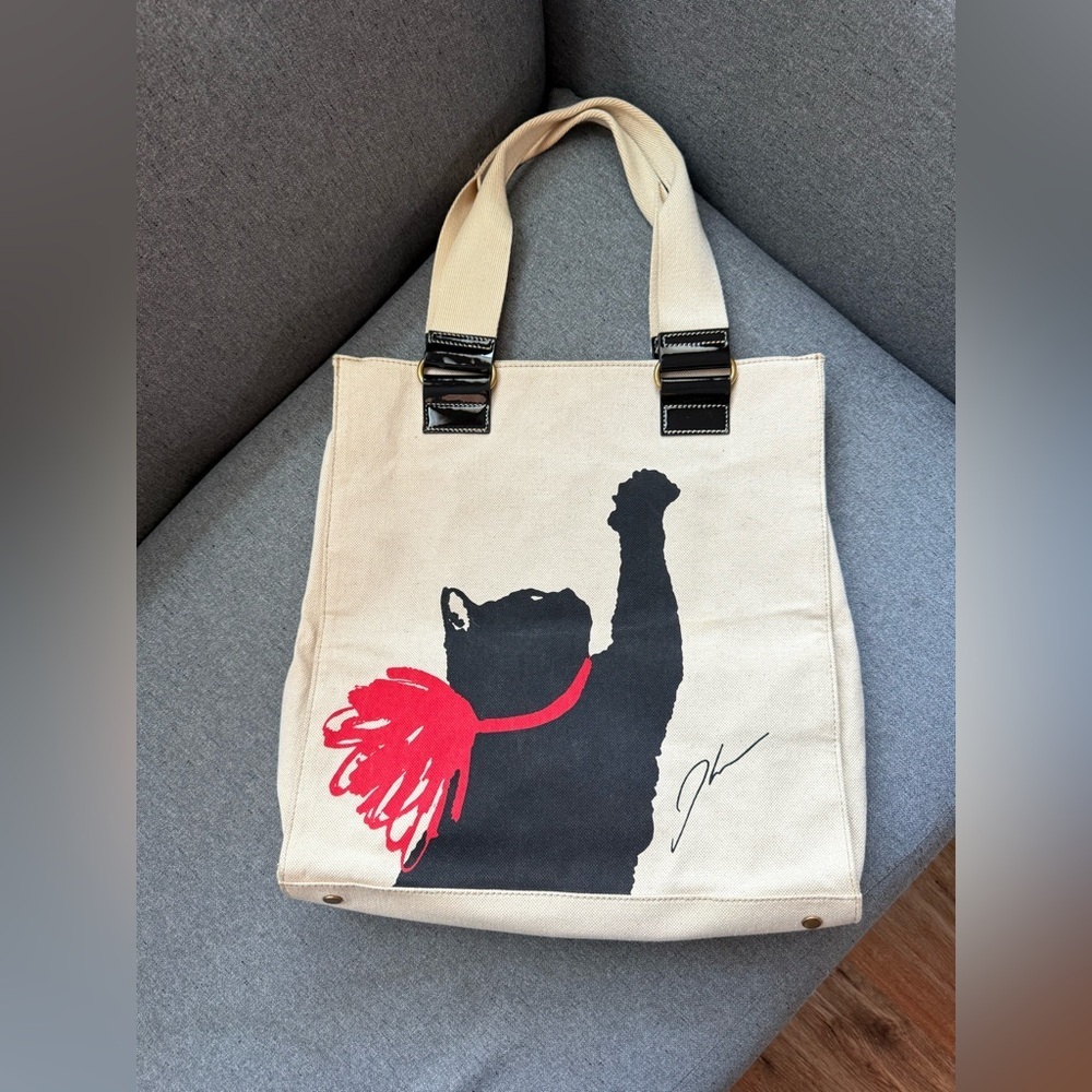 JASON WU Black Cat Canvas Cream TOTE BAG Top snap closure the inside lining has